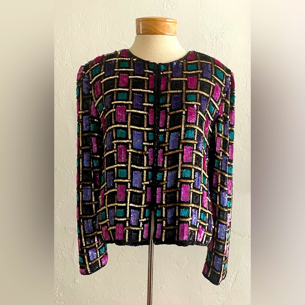 CHIC VTG PAPELL BOUTIQUE EVENING CHECKERED SEQUIN & BEADED SILK JACKET SIZE 8